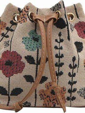 New Bucket Bag Floral Tote Flower Purse Embroidered Boho Barrel Drawstring